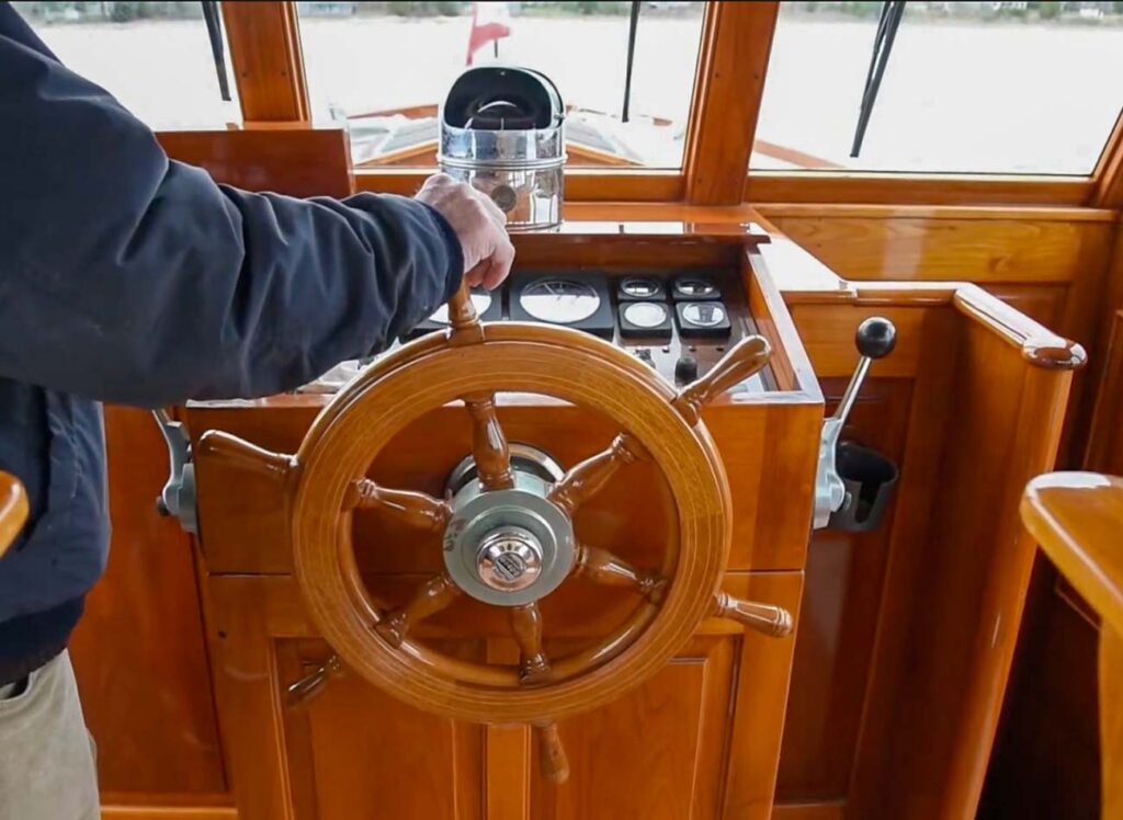 a wooden ships wheel
