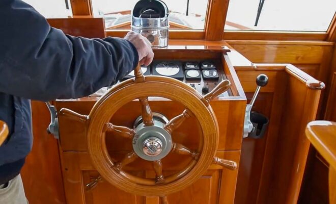 a wooden ships wheel