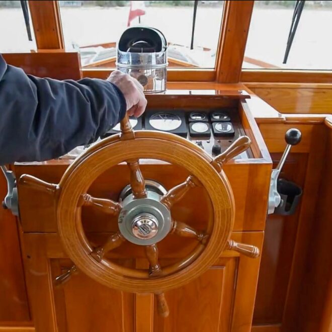 a wooden ships wheel