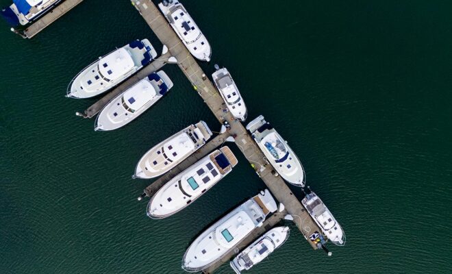 Aerial view of the docks and launch ramp at Bellingham Yachts
