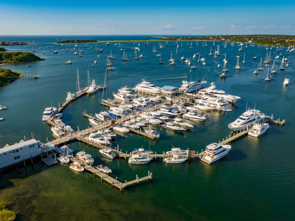 Champlins Marina Resort, docks filled on a sunny summer day