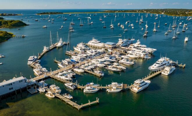 Champlins Marina Resort, docks filled on a sunny summer day