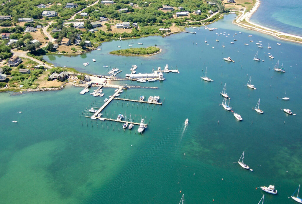 Aerial view of Cuttyhunk Marina.