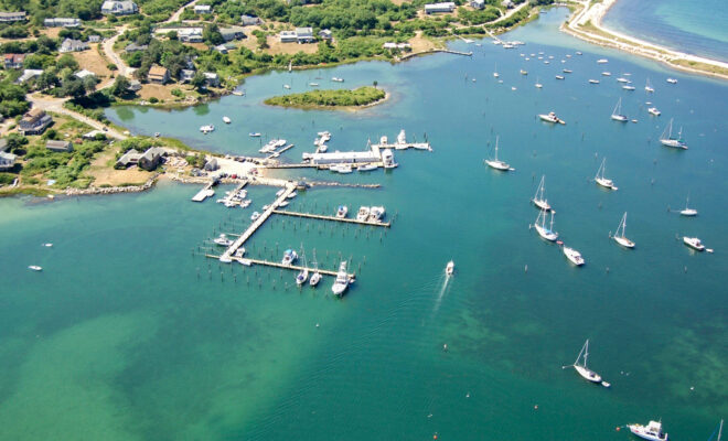 Aerial view of Cuttyhunk Marina.