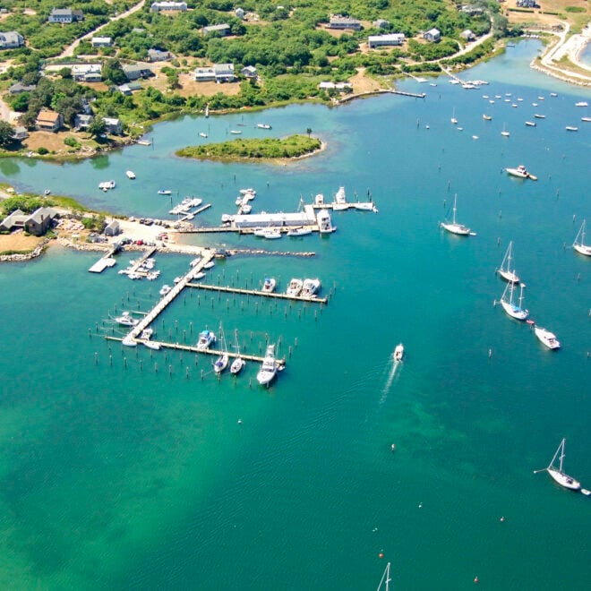 Aerial view of Cuttyhunk Marina.