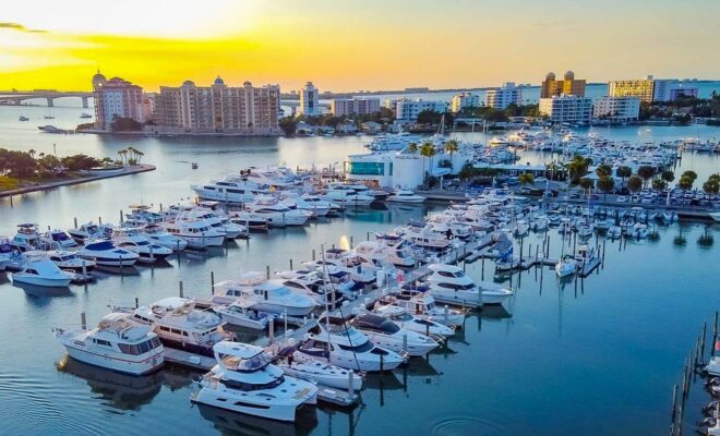 Aerial view of the marina docks at Marina Jack in Sarasota, Florida