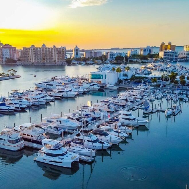 Aerial view of the marina docks at Marina Jack in Sarasota, Florida