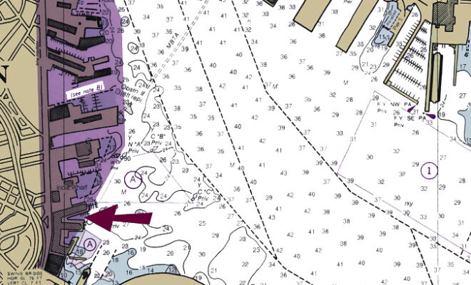 Chart showing the location of Rowes Wharf Marina, downtown Boston