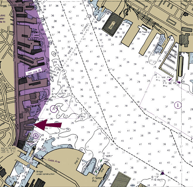 Chart showing the location of Rowes Wharf Marina, downtown Boston