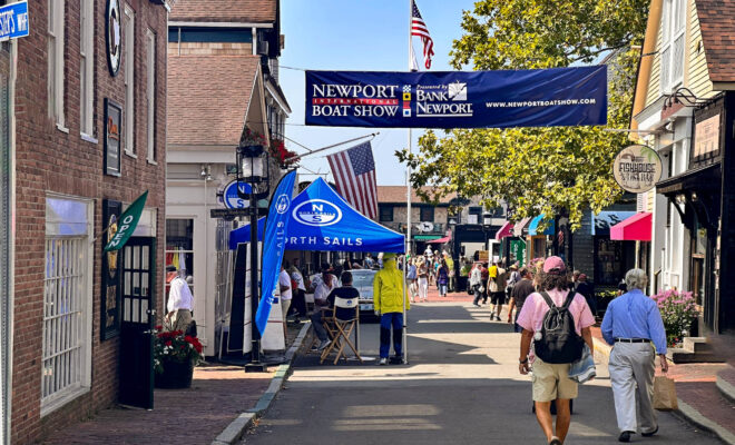 Walking down Bannisters Wharf toward the Newport Boat Show