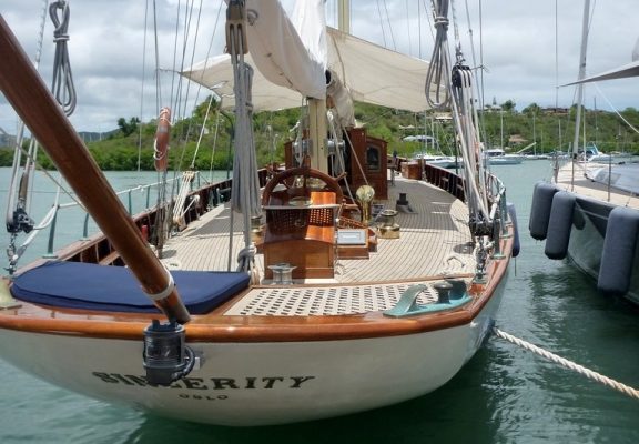 Sincerity, a ketch based in Camden, Maine, and competing in this year's Antigua Classic Yacht Regatta.