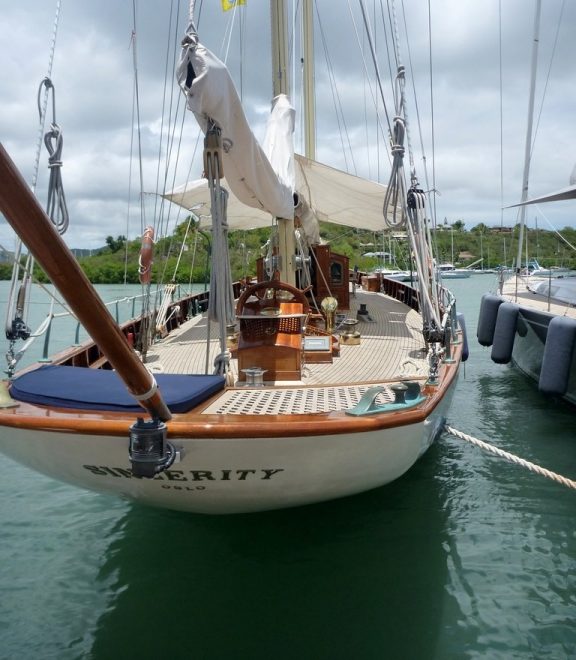 Sincerity, a ketch based in Camden, Maine, and competing in this year's Antigua Classic Yacht Regatta.
