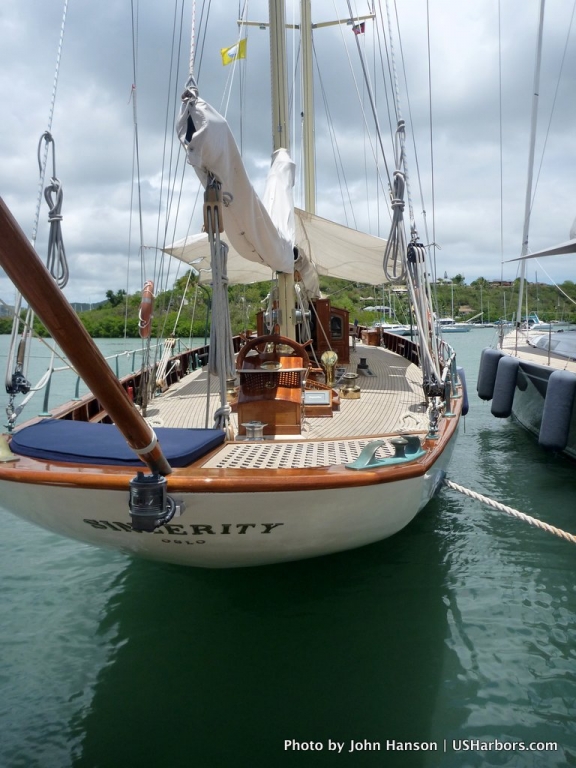 Sincerity, a ketch based in Camden, Maine, and competing in this year's Antigua Classic Yacht Regatta.