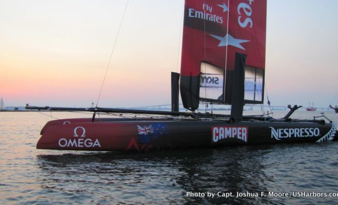 An AC45 rests at its mooring off Fort Adams in Newport Harbor.