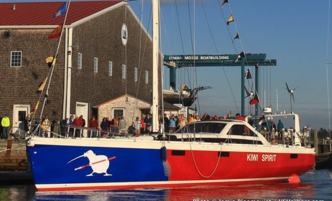 KIWI SPIRIT, a 63' sailing yacht built by Lyman-Morse Boatbuilding Co., rests at the dock in Thomaston.