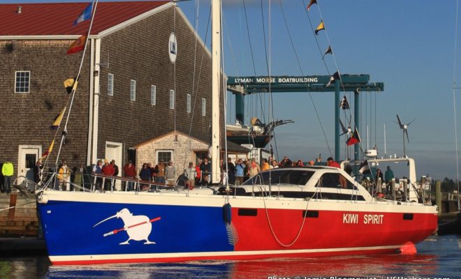 KIWI SPIRIT, a 63' sailing yacht built by Lyman-Morse Boatbuilding Co., rests at the dock in Thomaston.