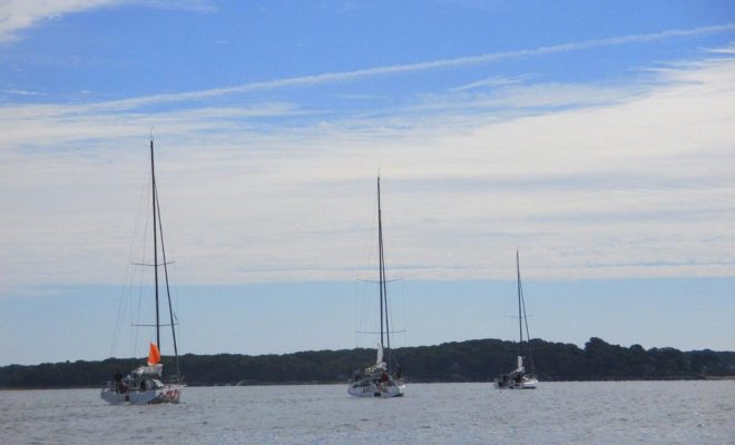 Four Class 40 racing yachts head out from Maine Yacht Center for a bit of practice on Casco Bay near Portland.