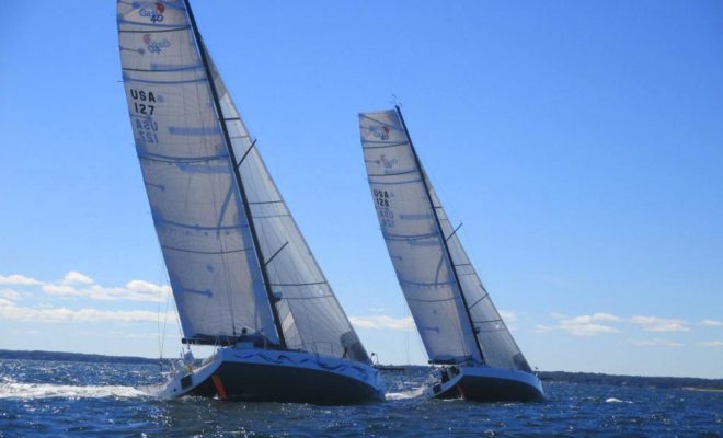 TOOTHFACE II, an Akilaria RC3 Class 40 launched at Maine Yacht Center, leads AMHAS 2.