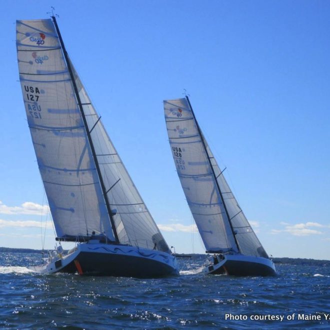 TOOTHFACE II, an Akilaria RC3 Class 40 launched at Maine Yacht Center, leads AMHAS 2.