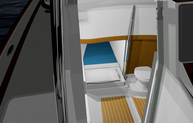 The extended console allows for a stand-up head (with shower!), galley, and a daybed.