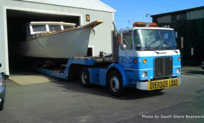 Brownell Trailers pulls TWIST into the light of day after a three-year restoration at South Shore Boatworks.