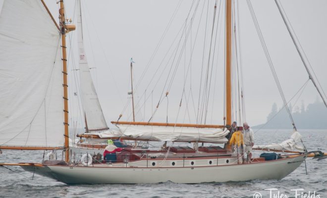 SEMINOLE, a classic 1916 Lawley yawl, preparing for the start.