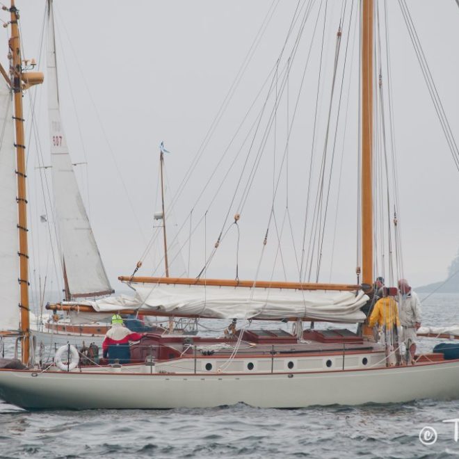 SEMINOLE, a classic 1916 Lawley yawl, preparing for the start.