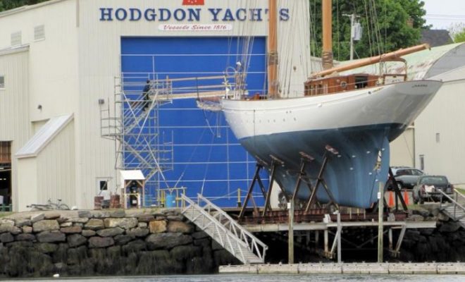 A classic schooner on the ways at Hodgdon Yachts in East Boothbay.