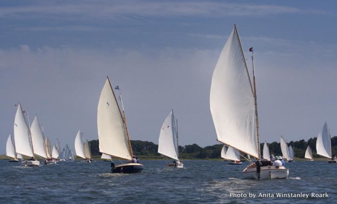 The start of the 2015 Arey's Pond Catboat Gathering on Little Pleasant Bay, Massachusetts.