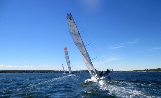 The fleet heads toward Portland after a few wonderful tacks around Casco Bay.