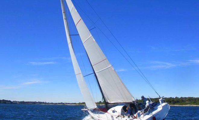 Dragon, an Owen Clarke designed Class 40 offshore racing yacht refit at Maine Yacht Center in preparation for the Route du Rhum.