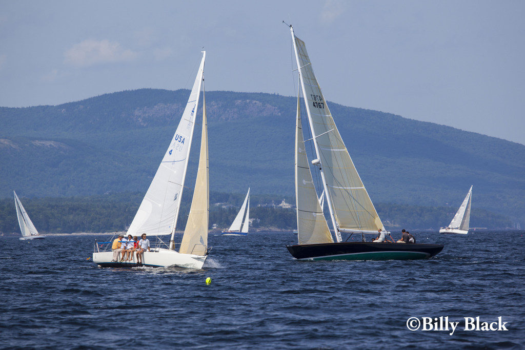Racing against the backdrop of the Camden hills, two yachts trade tacks in the second annual Penobscot Bay Rendezvous.