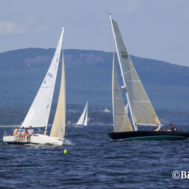 Racing against the backdrop of the Camden hills, two yachts trade tacks in the second annual Penobscot Bay Rendezvous.