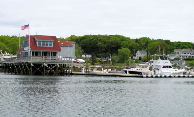 A fishing boat built by Farrin's Boatshop sits at the dock in South Bristol.