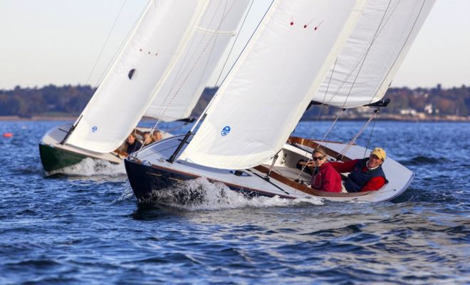 A pair of C.W. Hood 32s racing in Marblehead. The yacht recently won a prestigious award from Classic Boat Magazine.