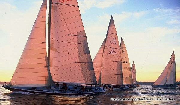 AMERICAN EAGLE leads the fleet. The former America's Cup yacht won the 12 meter division in a recent classic yacht regatta.