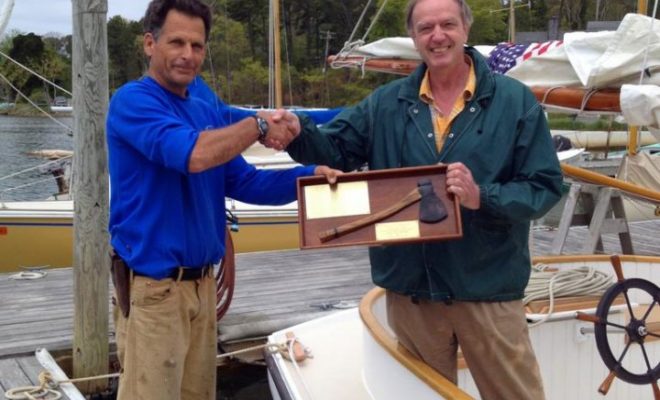 Tony Davis, at left, shares the Broad Ax award with Fred Villars, whose yacht CONJURER Davis restored and won the award.