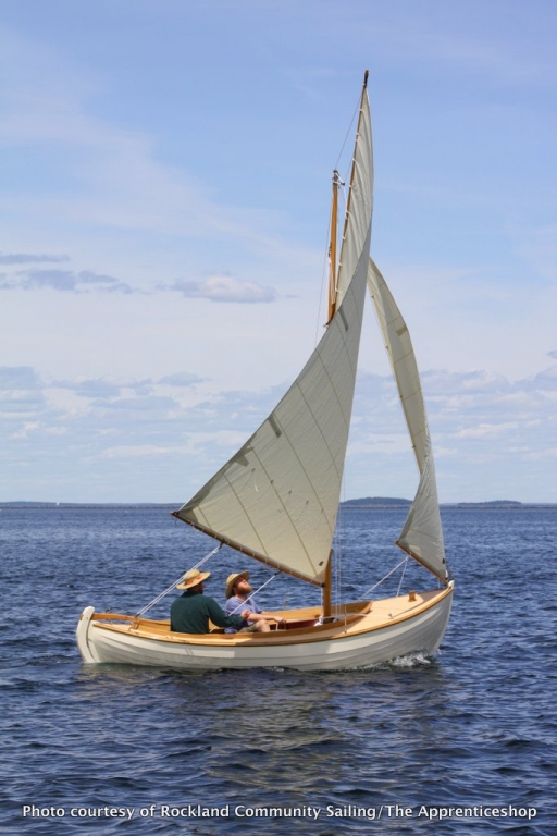 15’ gaff-rigged sloop, designed by Apprenticeshop master builder Kevin Carney, will be one of the boats to try on July 12.