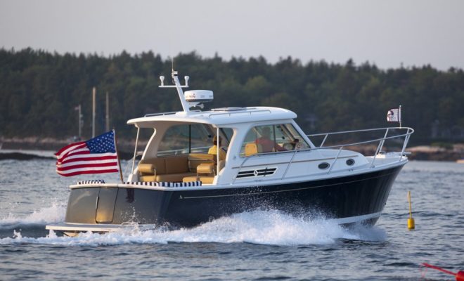 A Back Cove 30 cruises  on The New Meadows River.