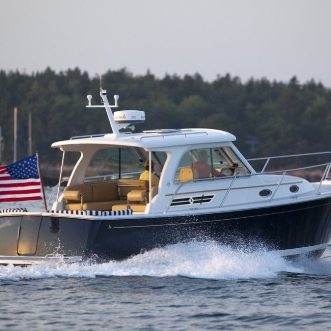 A Back Cove 30 cruises  on The New Meadows River.