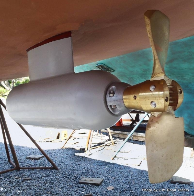 Electric sail drive in open position on C.W. Hood 32 daysailer.