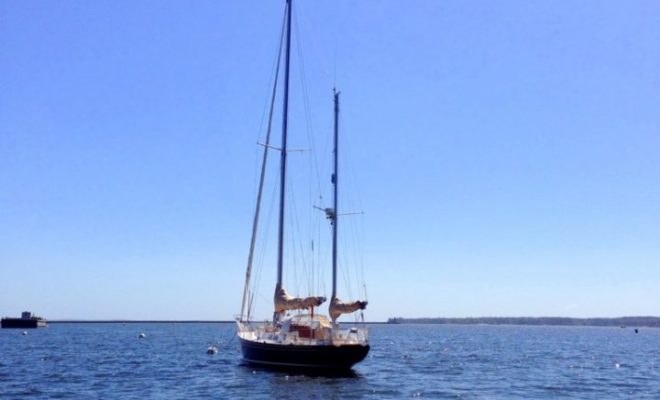 BLUERIDGE, a Hinckley 42, sits at an Ocean Pursuits mooring in Rockland.