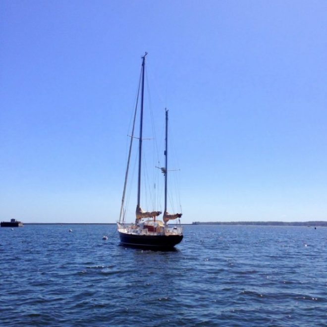 BLUERIDGE, a Hinckley 42, sits at an Ocean Pursuits mooring in Rockland.