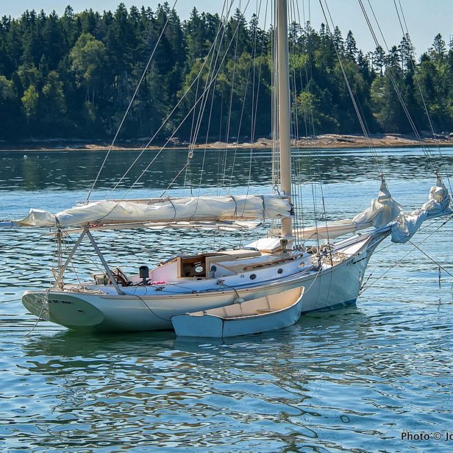 The 30-foot Friendship Sloop RIGHTS OF MAN at anchor in Brooklin.