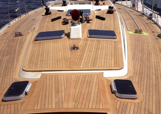 The new teak deck aboard SKY looks wonderful at the Front Street Shipyard dock in Belfast.
