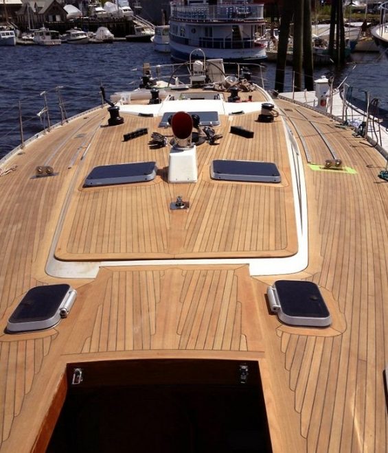 The new teak deck aboard SKY looks wonderful at the Front Street Shipyard dock in Belfast.