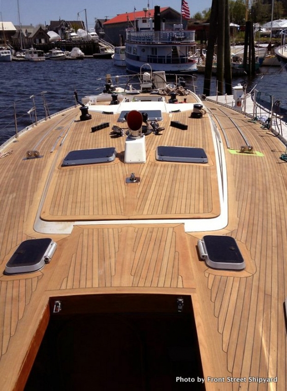 The new teak deck aboard SKY looks wonderful at the Front Street Shipyard dock in Belfast.