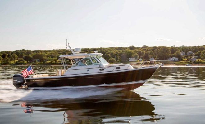 The new Surfhunter 29 outboard edition has a top speed of 47 knots with twin 300 hp engines, as shown.