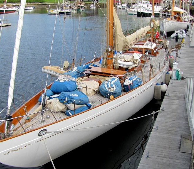 Fresh from a delivery from Antigua to Maine, Nordwind dries out her canvas at the Wayfarer Marine docks.