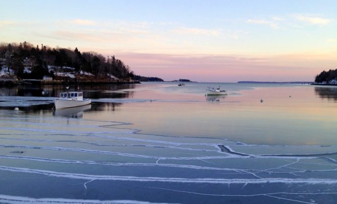 Dusk in Rockport, Maine, reveals that Old Man Winter is holding on until the bitter end in northern New England.